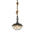 Vintage Industrial Rope Pendant Light With Metal Cage And Rope
