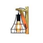 Black Metal Cage Design Wall Light With Wooden Canopy