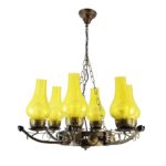 Antique Hanging Light with Six Yellow Color Opal Glass Lamp