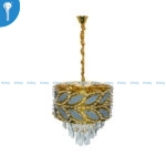 Mini Crystal Chandelier Gold Grey Leaf Motif Drum with Crystal Bead Fringe (S035)