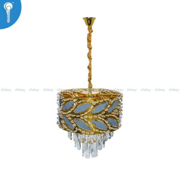 Mini Crystal Chandelier Gold Grey Leaf Motif Drum with Crystal Bead Fringe (S035)