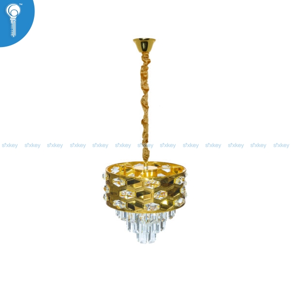 Mini Crystal Chandelier Gold Hexagon Lattice Drum with Crystal Teardrop Drops (S028)