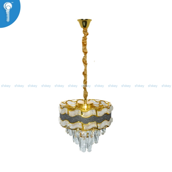 Mini Crystal Chandelier Gold Wave Scallop Drum with Black Mesh Band and Crystal Drops (S031)