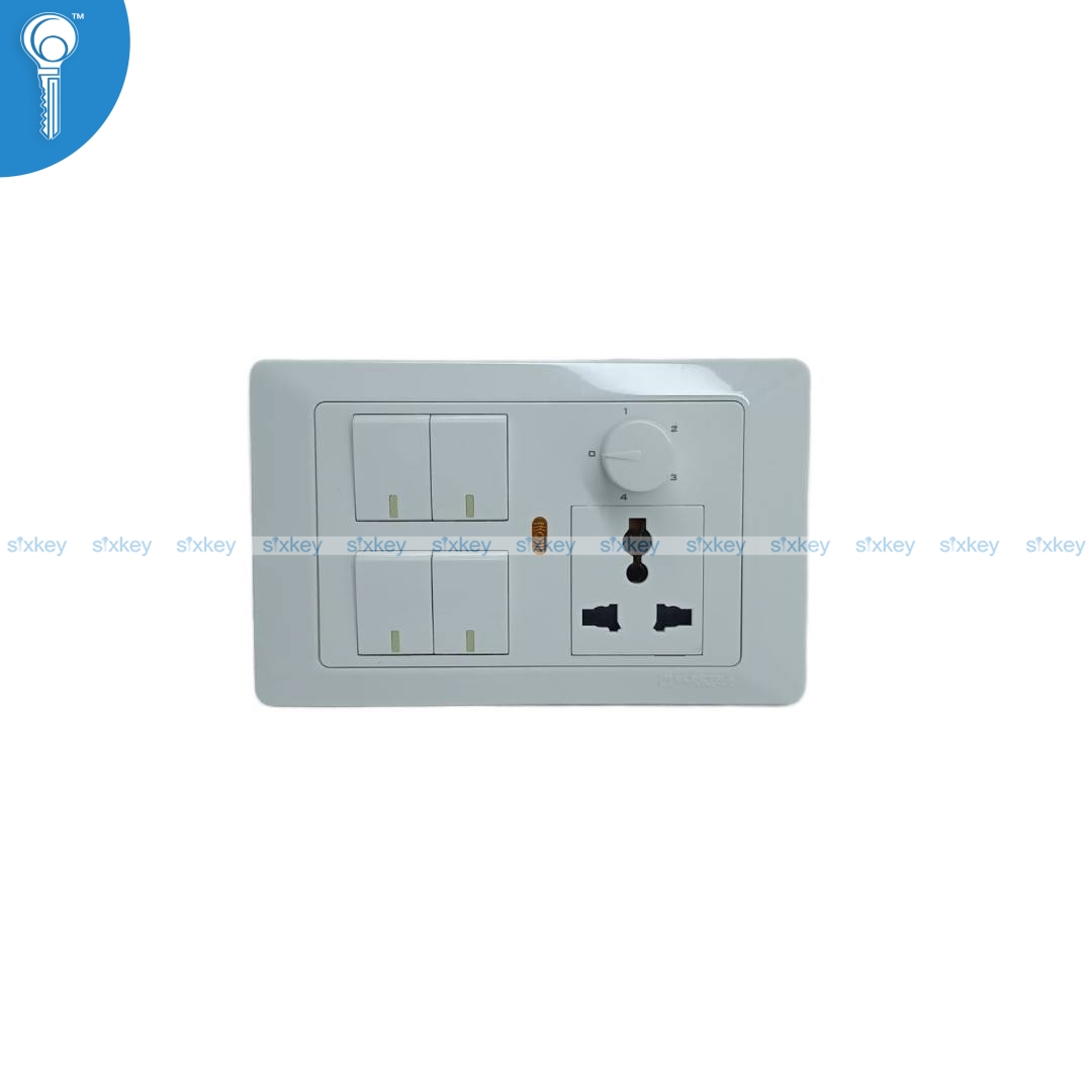 electra-white-4gang-socket-dimmer 4 Gang Switch with Socket and Dimmer - Image 1