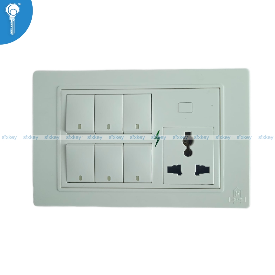 6socketrathiwhite 6 Gang Switch with Socket Rathi 3 Pustey - Image 1