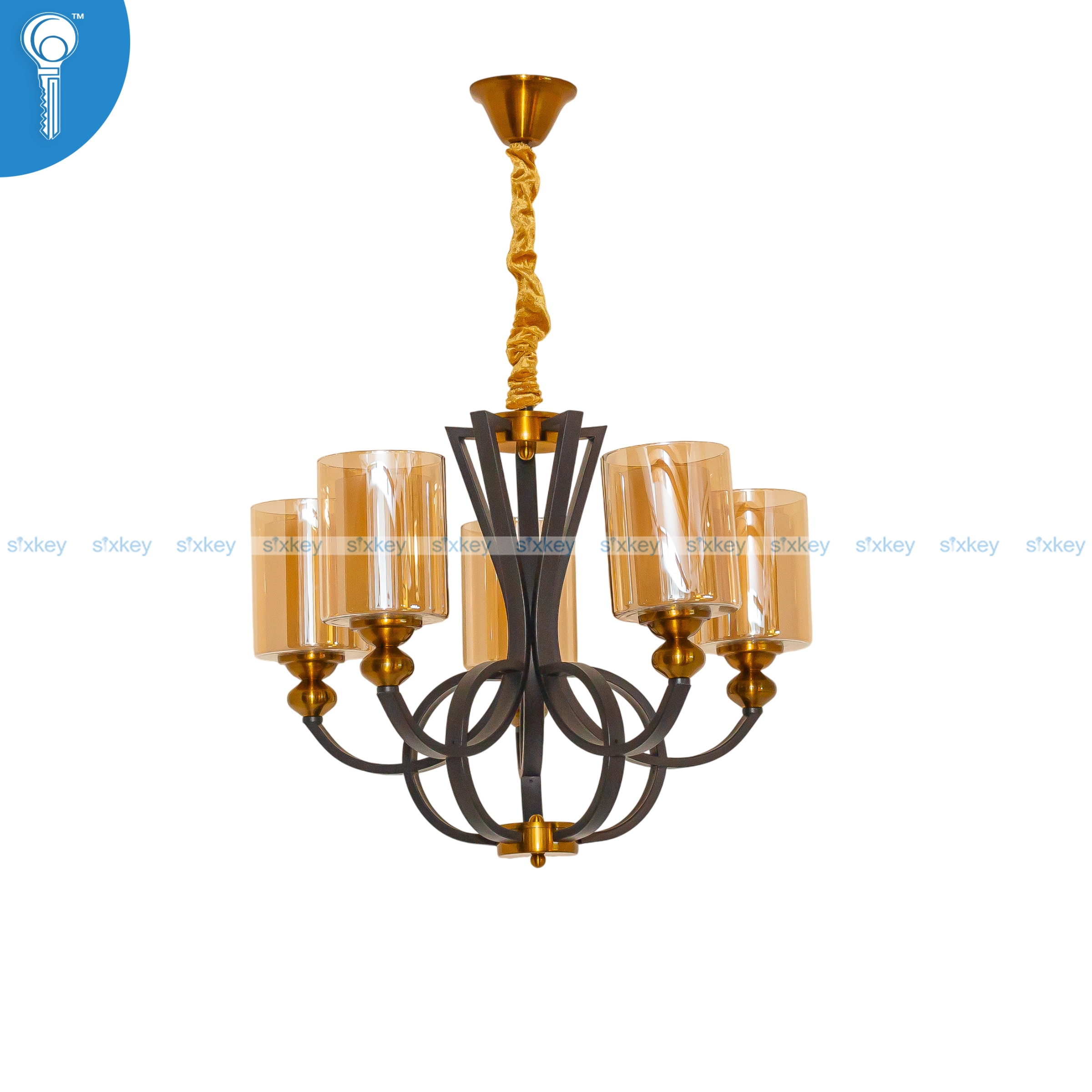 Antique-Black-Scroll-Arm-5-Light-Chandelier-with-Amber-Glass-Shades-8357 Antique Black Scroll Arm 5-Light Chandelier with Amber Glass Shades (8357) - Image 1
