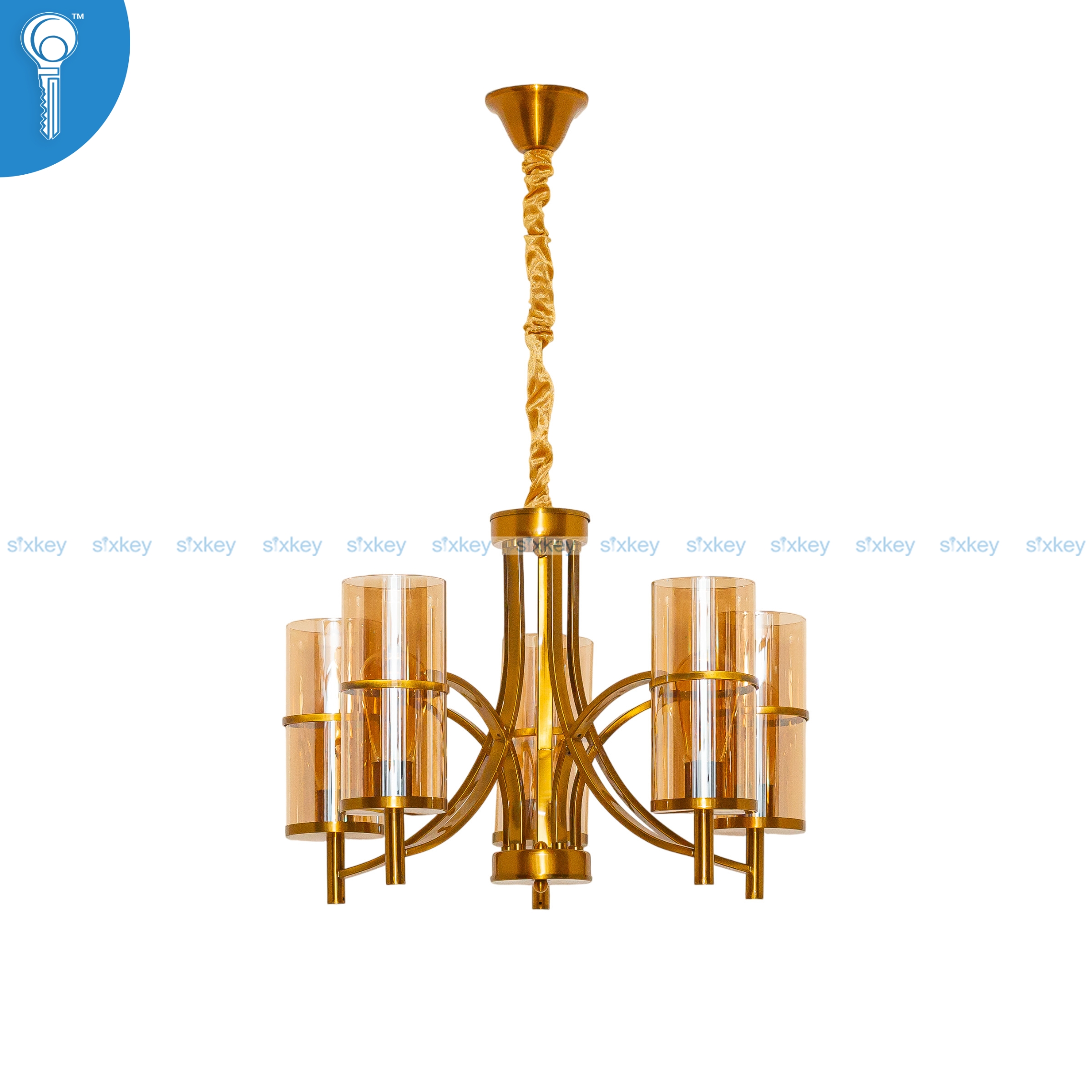 Antique-Gold-5-Light-Chandelier-with-Amber-Glass-Cylinder-Shades-210617 Antique Gold 5-Light Chandelier with Amber Glass Cylinder Shades (210617) - Image 1