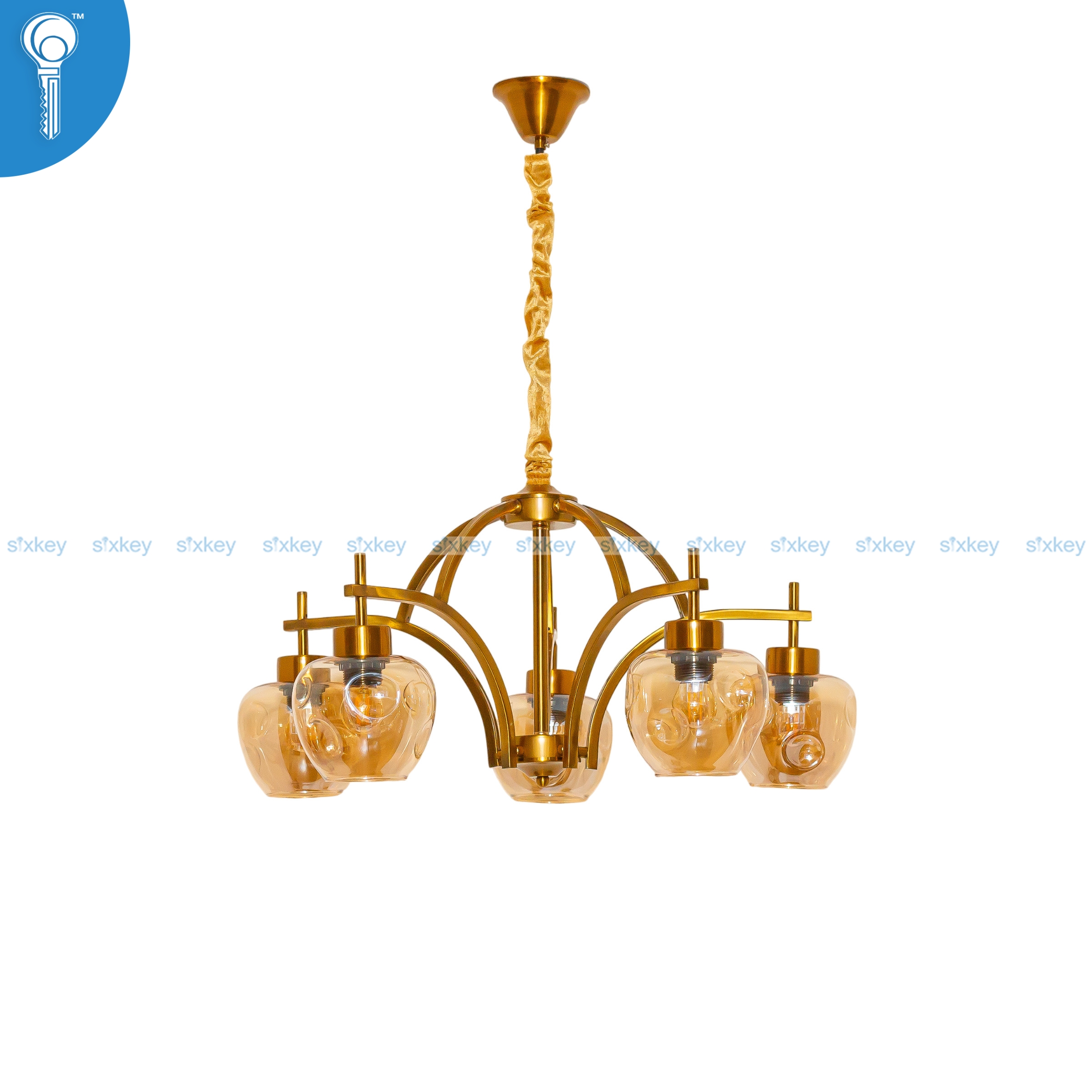 Antique-Gold-Double-Arch-5-Light-Chandelier-with-Frosted-Amber-Glass-Globes-30525 Antique Gold Double-Arch 5-Light Chandelier with Frosted Amber Glass Globes (30525) - Image 1