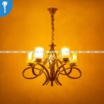 Antique Gold Scroll Arm 5-Light Chandelier with Amber Trumpet Glass Shades (8350) - Image 2