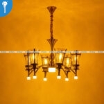 Antique Gold and Black 6+1 Light Chandelier with Ribbed Amber Glass Shades (23713) - Image 3