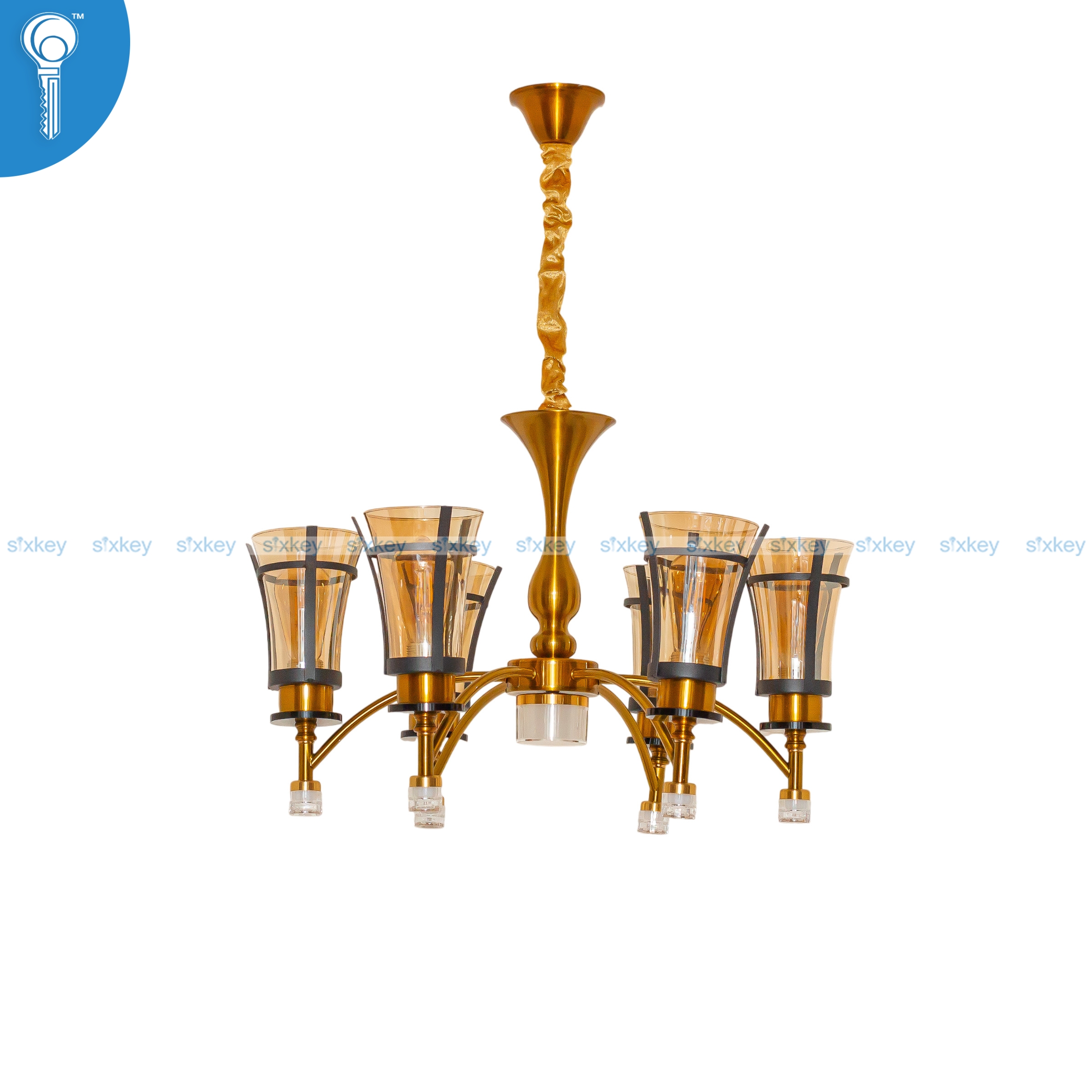 Antique-Gold-and-Black-6-1-Light-Chandelier-with-Ribbed-Amber-Glass-Shades-23713 Antique Gold and Black 6+1 Light Chandelier with Ribbed Amber Glass Shades (23713) - Image 1