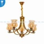 Antique Gold and Black Curved 5-Light Chandelier with Ruffled Amber Glass Shades (8354)