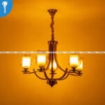 Antique Gold and Black Curved 5-Light Chandelier with Ruffled Amber Glass Shades (8354) - Image 2