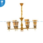 Antique Gold and Black Linear 6+1 Light Chandelier with Ribbed Amber Glass Shades (8717)
