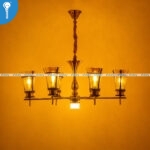 Antique Gold and Black Linear 6+1 Light Chandelier with Ribbed Amber Glass Shades (8717) - Image 2
