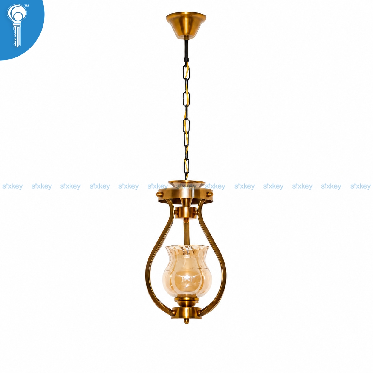 Gold-Chain-Hung-Single-Pendant-Light-with-Fluted-Amber-Glass-Shade-8522 Gold Chain-Hung Single Pendant Light with Fluted Amber Glass Shade (8522) - Image 1