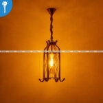 Gold Lantern Cage Single Pendant Light with Amber Glass and Hooks (8003) - Image 2