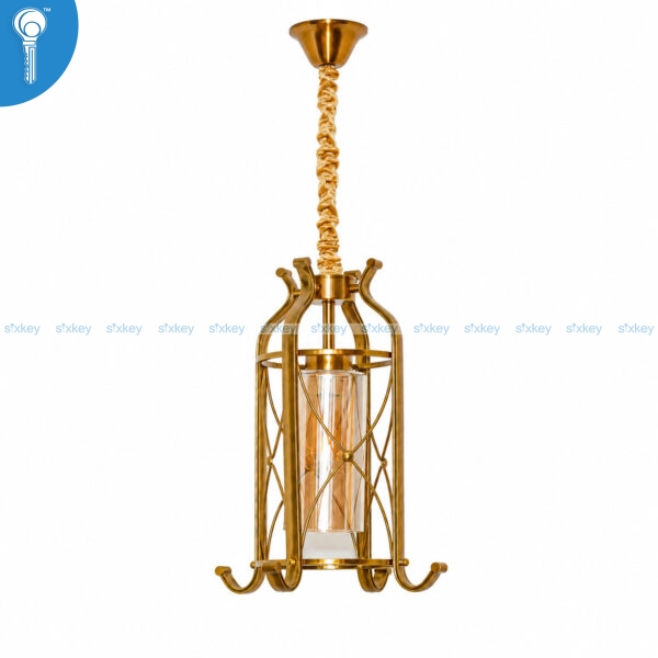 Gold Lantern Cage Single Pendant Light with Amber Glass and Hooks (8003)