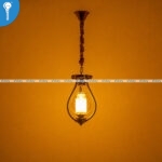 Gold Teardrop Cage Single Pendant Light with Amber Glass Globe (8126) - Image 2