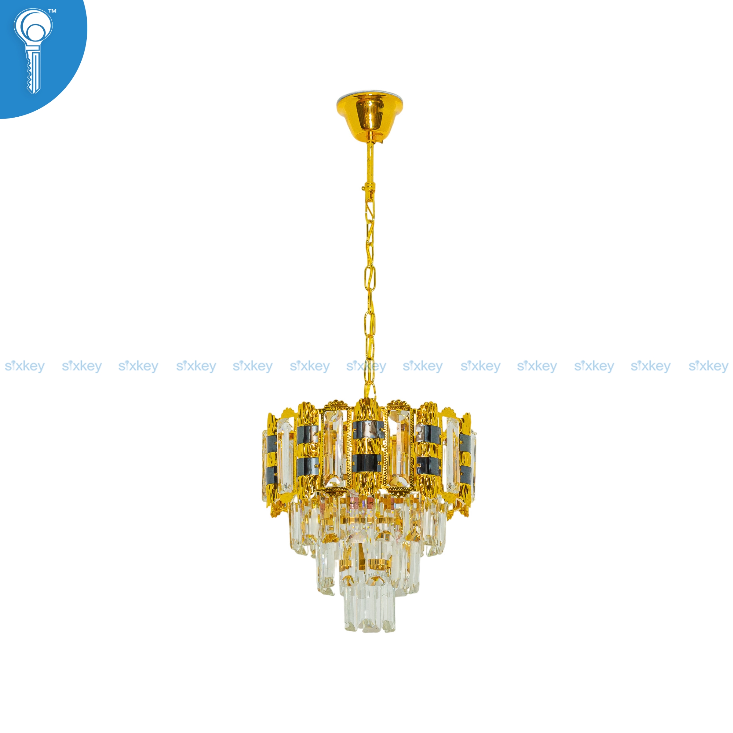 SKU_ 6-KEY-4493 (1) Mini Crystal Chandelier Gold Tiered Curved Panel with Crystal Column Drops (S019) - Image 1