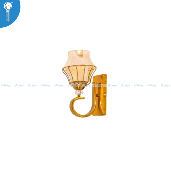 Antique Gold C-Arm Wall Light with Amber Glass Caged Shade 6630-1A